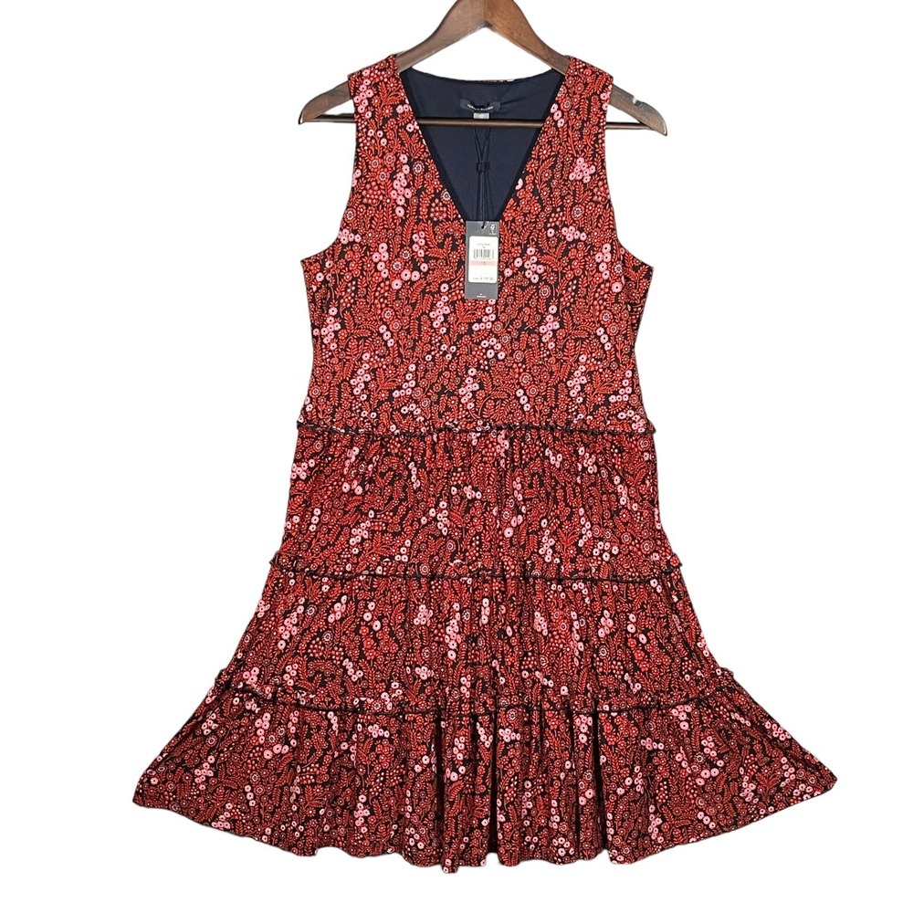 Tommy Hilfiger Tiered Floral Dress Womens 10 Red Pink V-Neck Sleeveless NWT